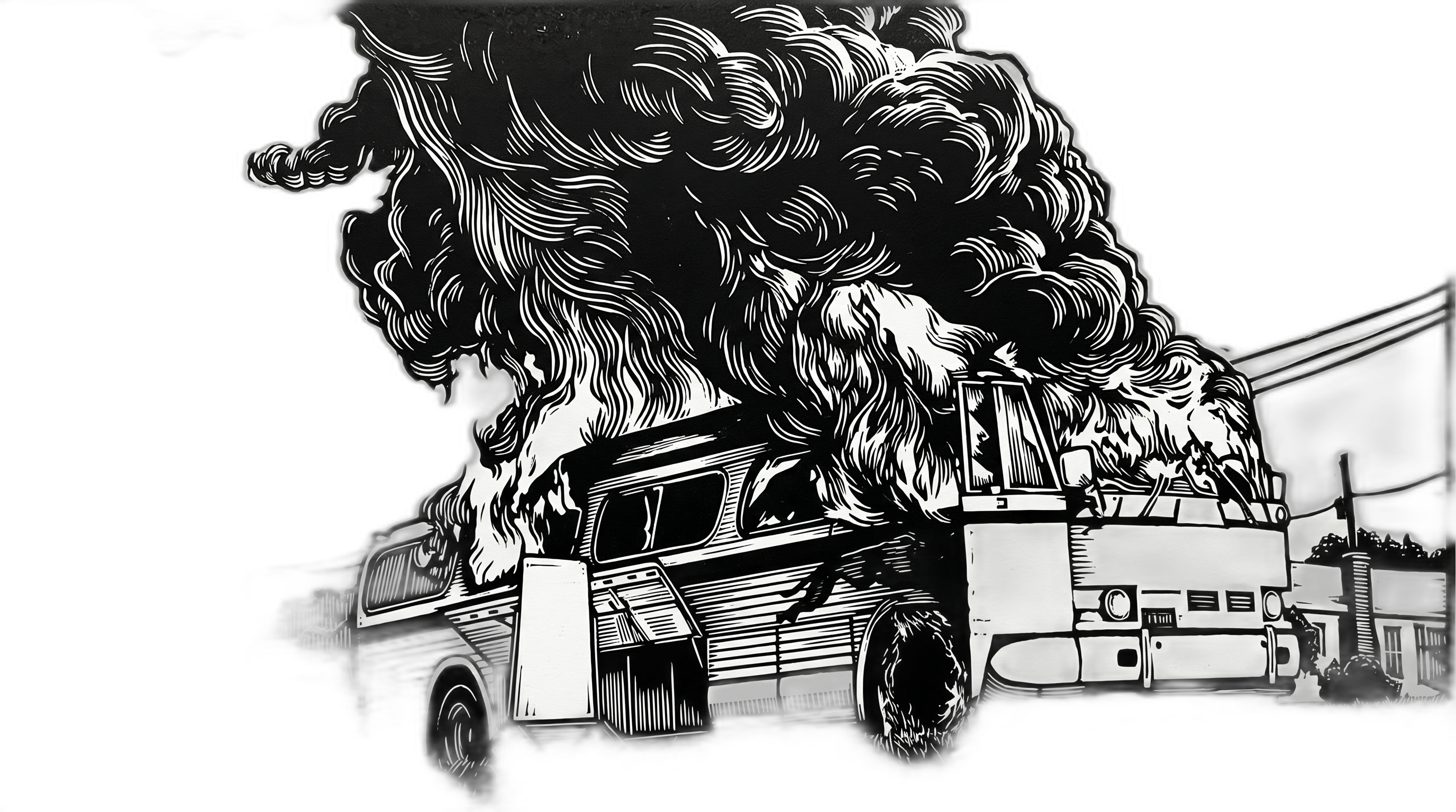 Burning Bus Woodcut Natural